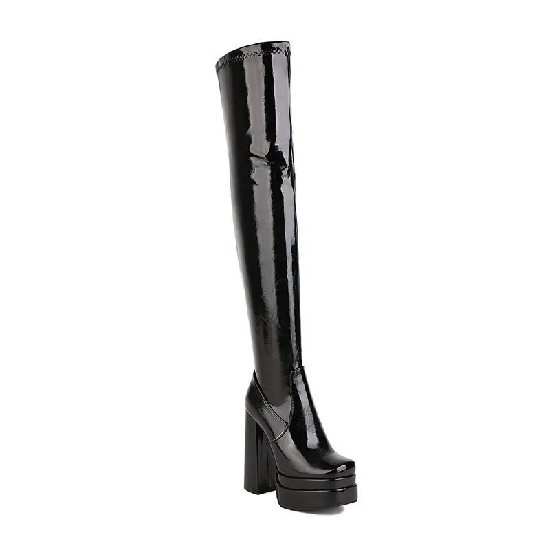Chunky Heel Waterproof Platform Leather Zipper Red Sexy Women Elastic Over The Knee High Boots - Image 3