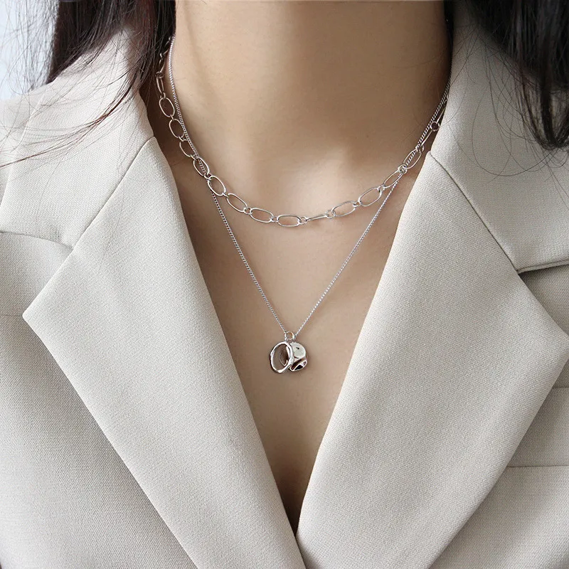 925 Sterling Silver Irregular Circle Pendant Necklace Long Sweater Chain Elegant Women Friendship Jewelry