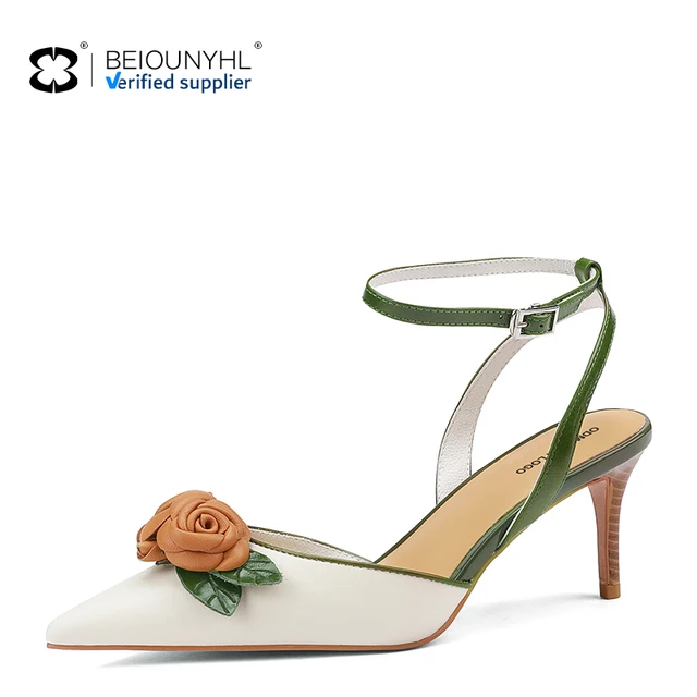 genuine leather high quality women fashion women's new retro pointed rose flower high heels wedding shoes for bride sandals