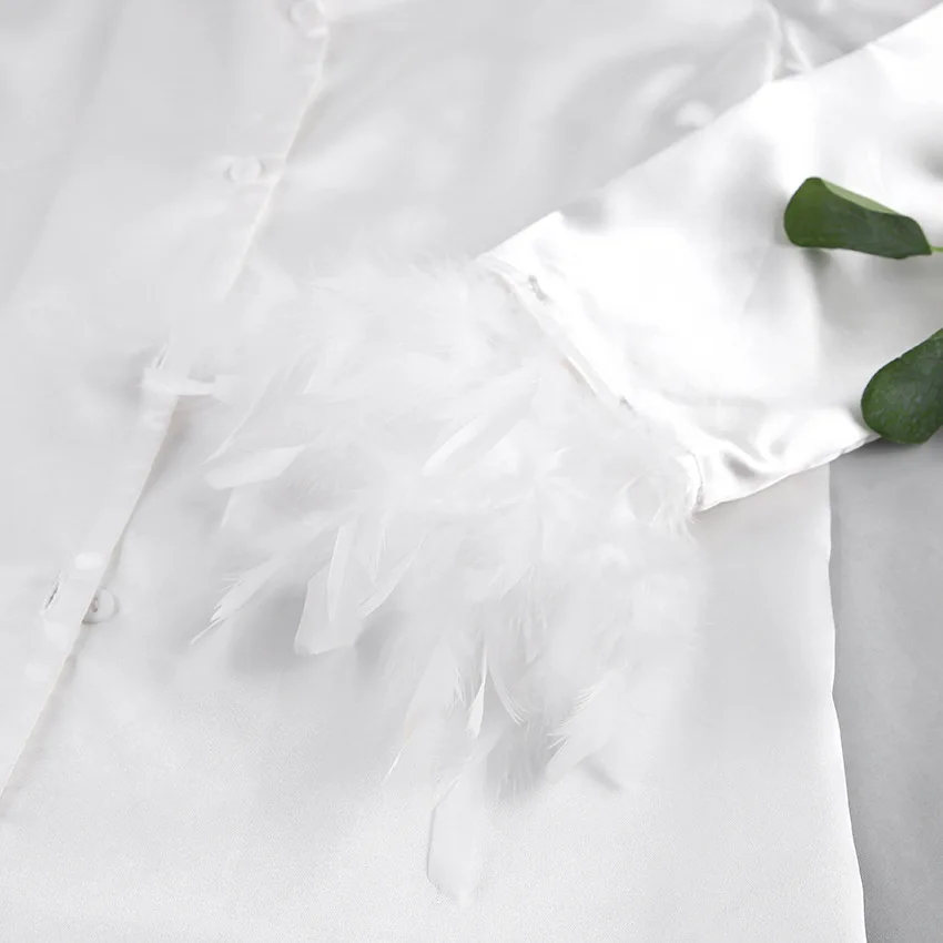 Feather Trim Satin Pajama Set Women Lapel Long Sleeve Button Front Loose Pants Soft Breathable Loungewear — detail