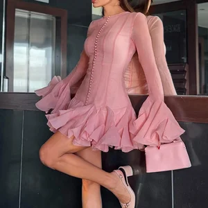 XTDY581 Fashion Ladies Autumn Ruffle Petal Long Sleeve Single Breasted Short Dresses Sexy and Elegant Ruffled Dress for Women