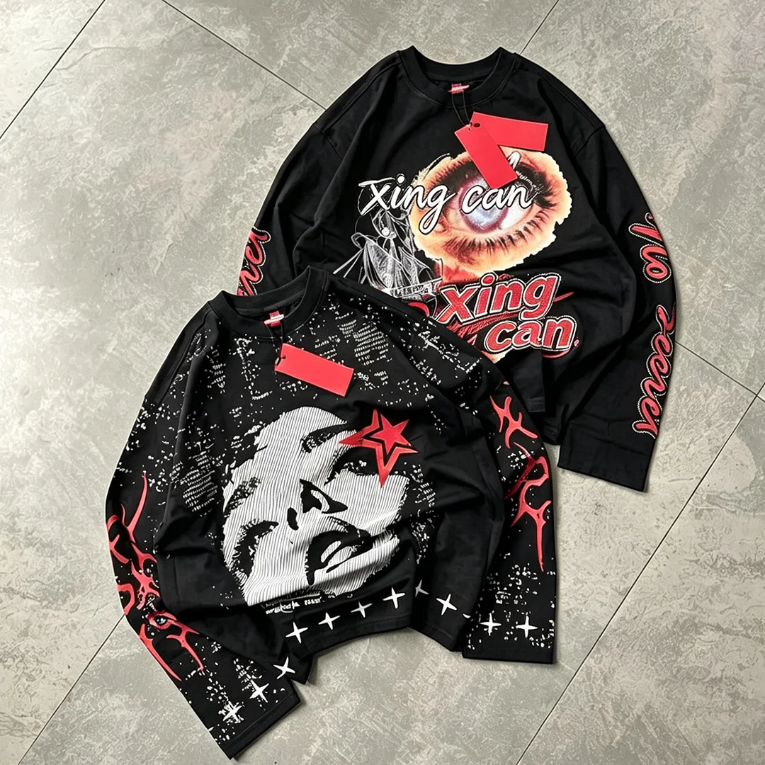 Modny dostawca niestandardowej odzieży, vintageowy top uliczny high street z cyfrowym nadrukiem DTG, z długim rękawem, luźny, z opadającymi ramionami, męskie koszule z długim rękawem