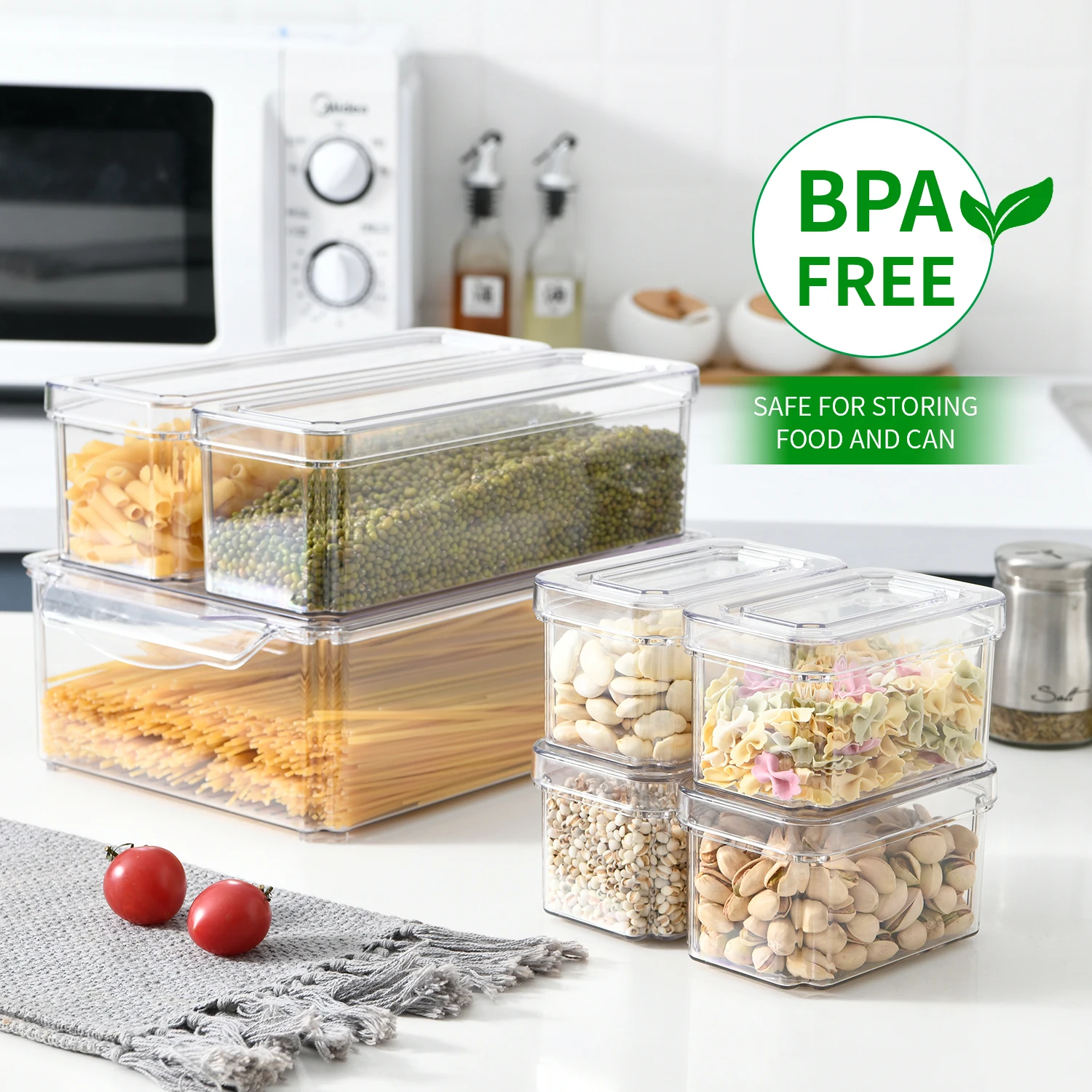 Reusable Refrigerator Organizer Bins Transparent PET Stackable Food Refrigerator Storage Box Container Set