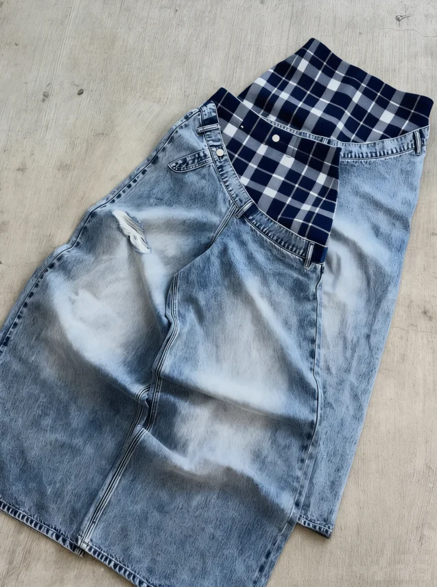 SALATI Denim Manufacturer Customizes Street Style Vintage Pickled Patchwork Plaid Washed Wide Leg Loose Distressed Jeans for Men gallery 7