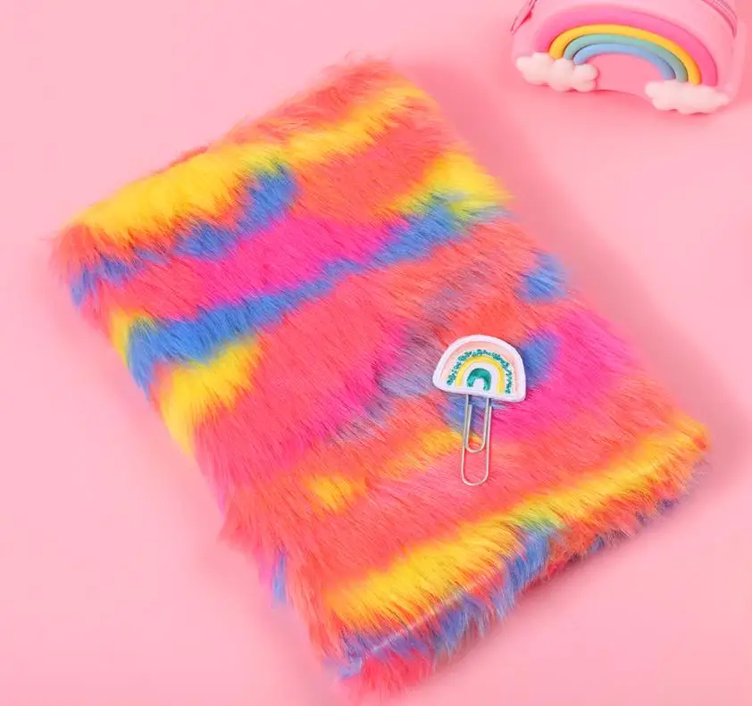 2024 Good Quality Factory Directly Customized Soft Cute Colorful Furry Rainbow Printing Plush Notebook Diary For Students