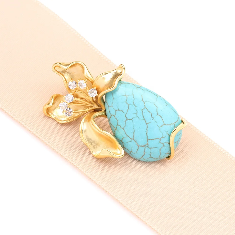 2024 New Arrival Turquoise Flower Brooch 18K Gold Plated Gem Stone Brooches Fashion Accessories Brand Gift Hijab CZ Pins
