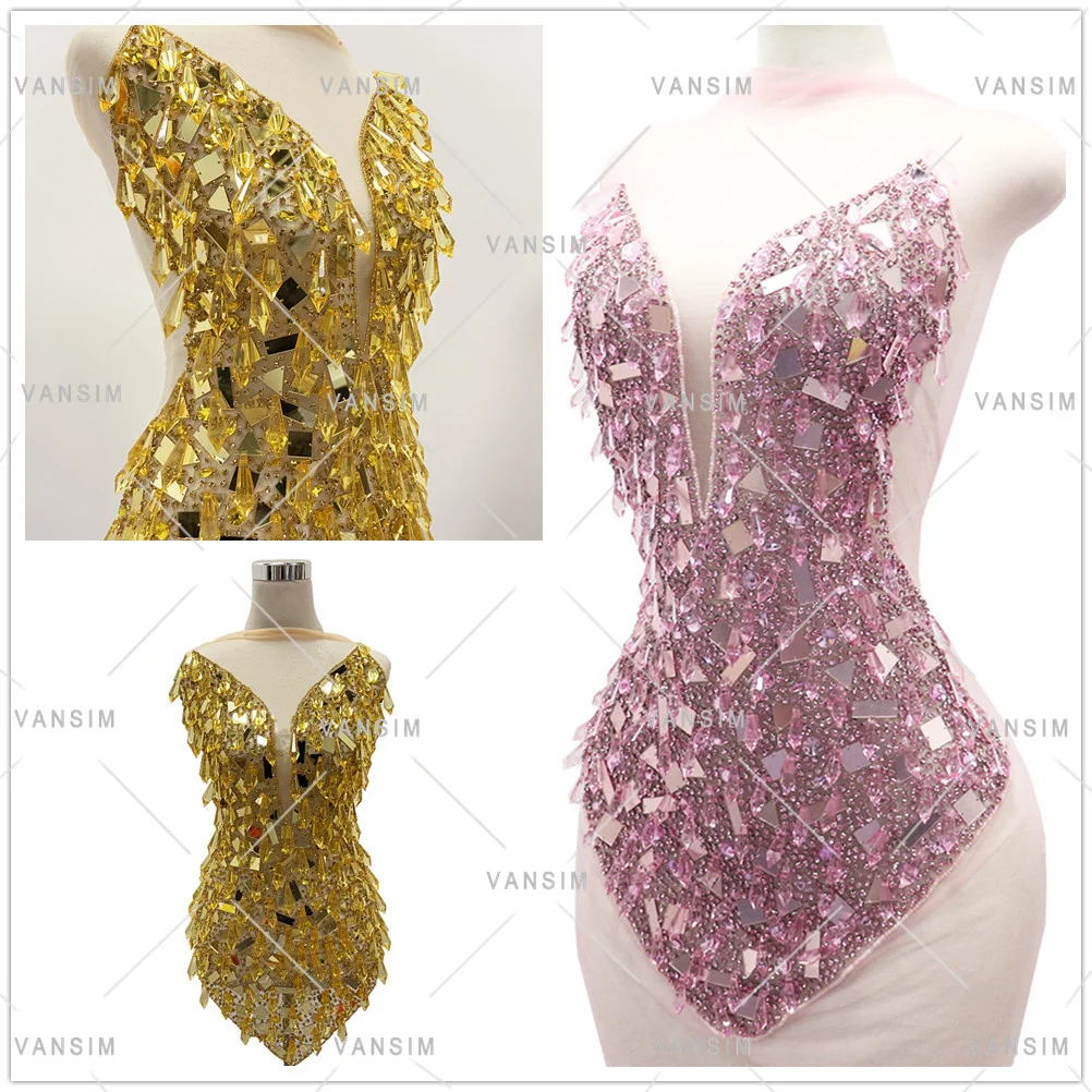 Mirror Acrylic with Drop Stone Gold Bodice Applique Handmade Rhinestone Applique Bridal With Icicle for Evening Dresses