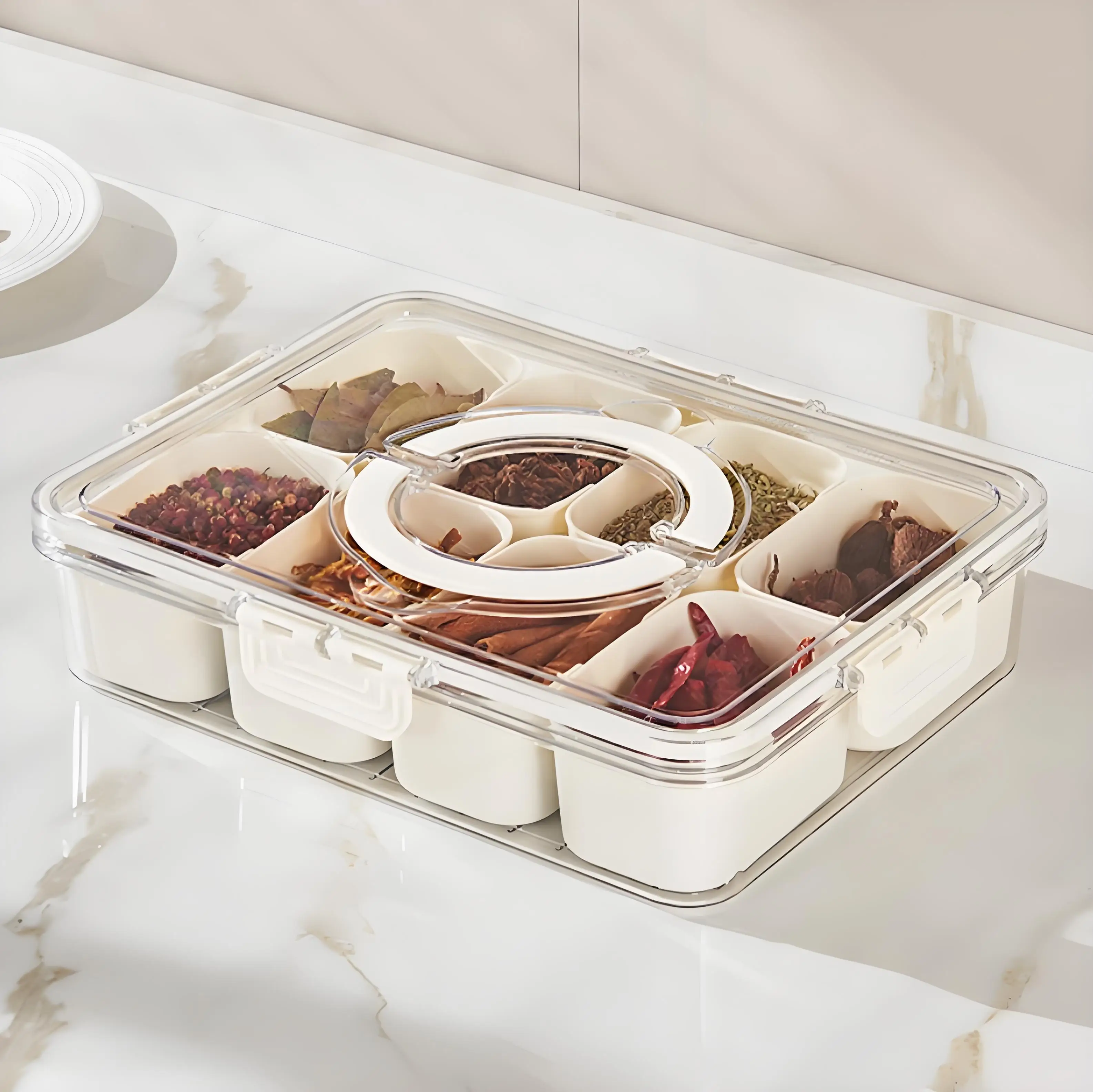 Hot Product Portable 8-Compartment Transparent Snack Box Plastic Sealed Round Storage Divider Container for Food Storage