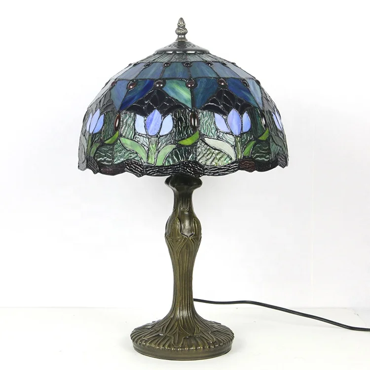 LongHuiJing Tiffany Style Stained Glass Table Lamp Night Light with 12  Inches Wide Tulip Flower Lampshade Metal Base