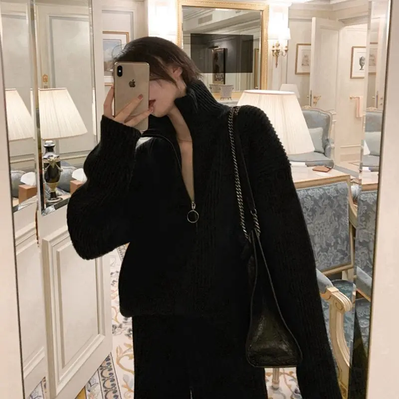 EasyGarment 2021 Spring Autumn Casual Women 2 Piece Set Turtleneck Pullover Sweater Wide Leg Rib Pants Female Knit Tracksuit