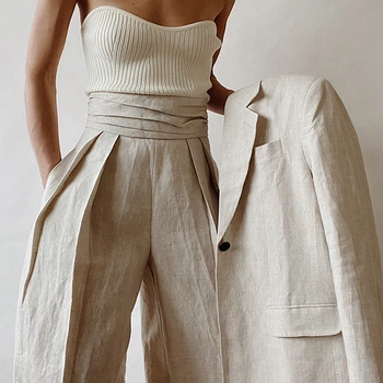 New Arrivals Causal Strapless Knit Tops for Women Oversized Linen Pants Suit