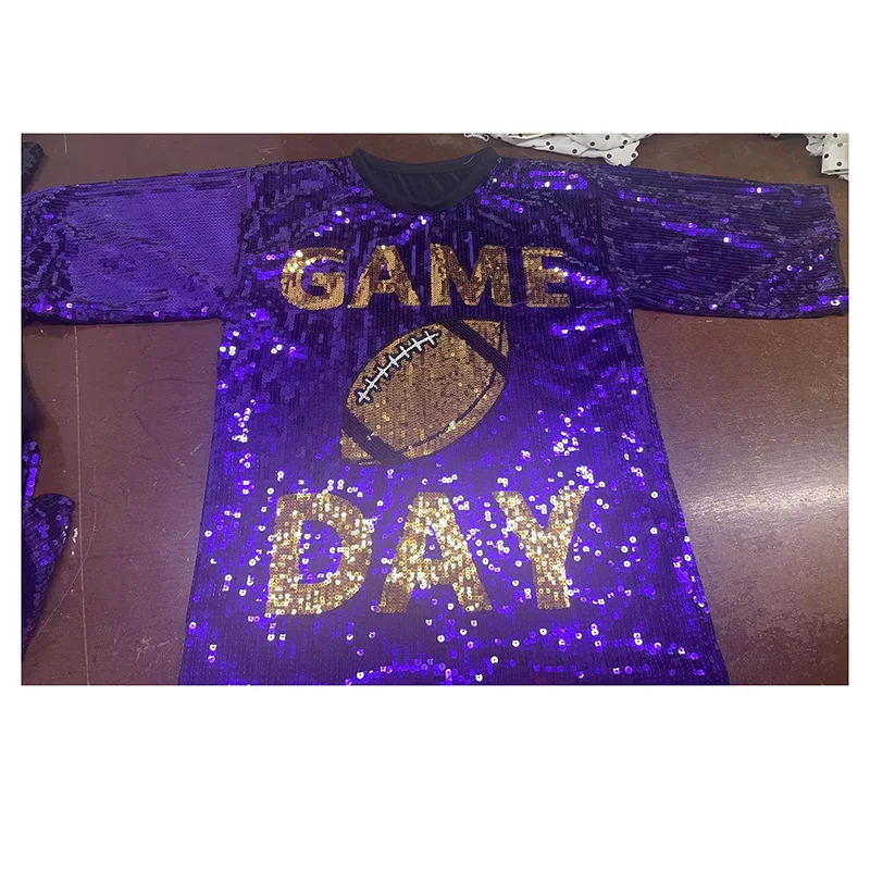 Wholesale Game Day Blue Sequin Jersey Tops Custom Women's Casual