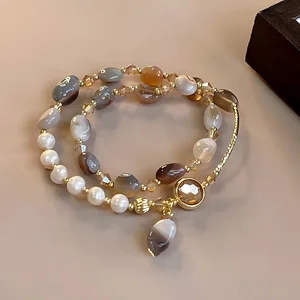 Bohemian Layered Bracelet Set with Agate Pearl Crystal Beads Gold Plated Accents Handmade Multi Strand Bracelet for Women