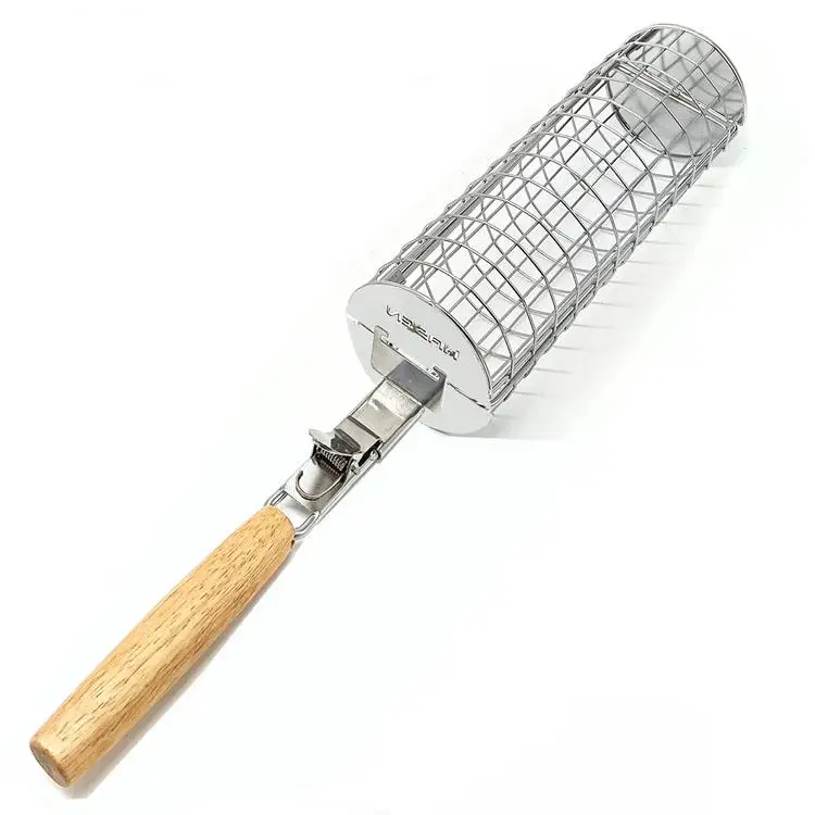 Portable Bbq Grill Basket Barbecue Rolling Grilling Basket With Wooden