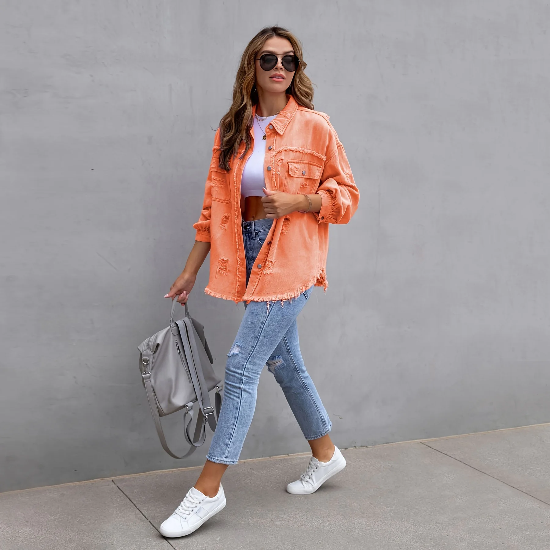 Long Sleeve Jeans Top Shirt Ladies Hole Ripped Denim Jacket Coat