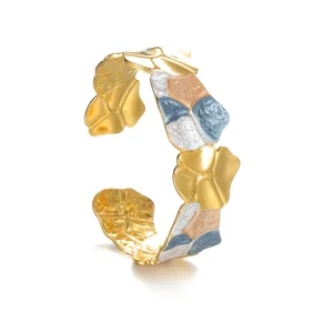 Geometric Cuff Bracelet for Women 18K Gold Plated Stainless Steel Irregular Enamel Arm Ring Fashion Light Luxury Jewelry