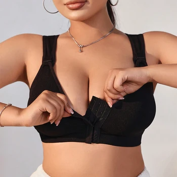 Plus Size Women's Underwear Push up Tow Hook-and-eye Solid Color Adjustable Straps Front Buckle Breathable Women's Lingerie