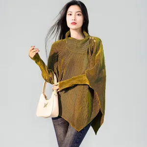 2025 Women's Advanced Miyake Pleated Cloak Top Vintage Casual Loose Turtleneck Shirt Woven Crew Neck Design for Summer