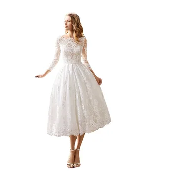 Short Wedding Party Dresses White For Women Long Sleeve Lace Appliques Boho Bridal Dress Princess Cute Robe