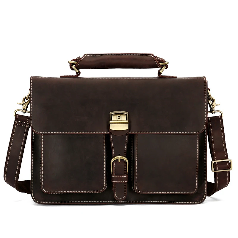 New Retro Crazy Horse Leather Men's Handbag Briefcase First Layer Leather Shoulder Bag Crossbody Leather Bag