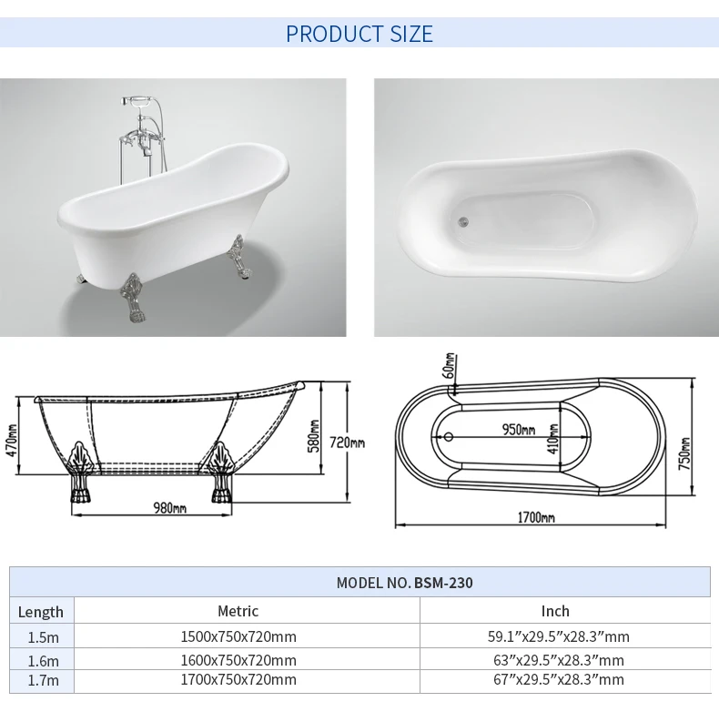 2023 Classic Freestanding Acrylic Bath With Decorative Legs Plastic