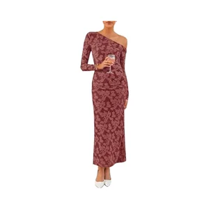 Women's Summer Floral Shoulder A-line Floor-Length Chiffon Dresses 2025 Long Sleeve Plain Dyed Woven Elegant Cocktail Natural