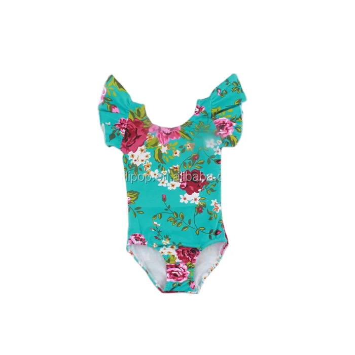 Бирюзовый гимнастический купальник с цветочным принтом, детский классический балетный купальник для танцев, хлопковый купальник с рюшами и рукавами-фонариками для девочек