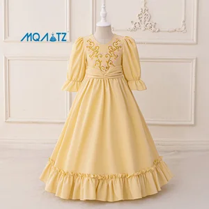 MQATZ New Cross-Border Export Girls Casual Yellow Fluffy Dress Skirt Long-Sleeved Muslim Evening Robe Princess Dress