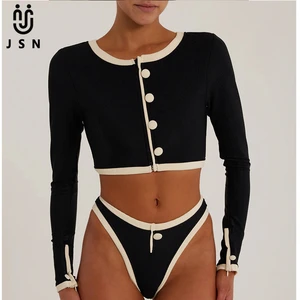 JSN 2026 Luxury Black and White New Long-sleeved Swimsuit for Women's Button High Waist Two-piece Round Neck Sexy Swimwear