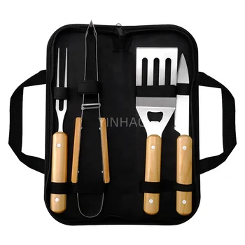 Outdoor Camping Grilling Tool Set 4 Pieces BBQ Accessories Tool Set Wood Handle With Storage BagBBQ Tool Set
