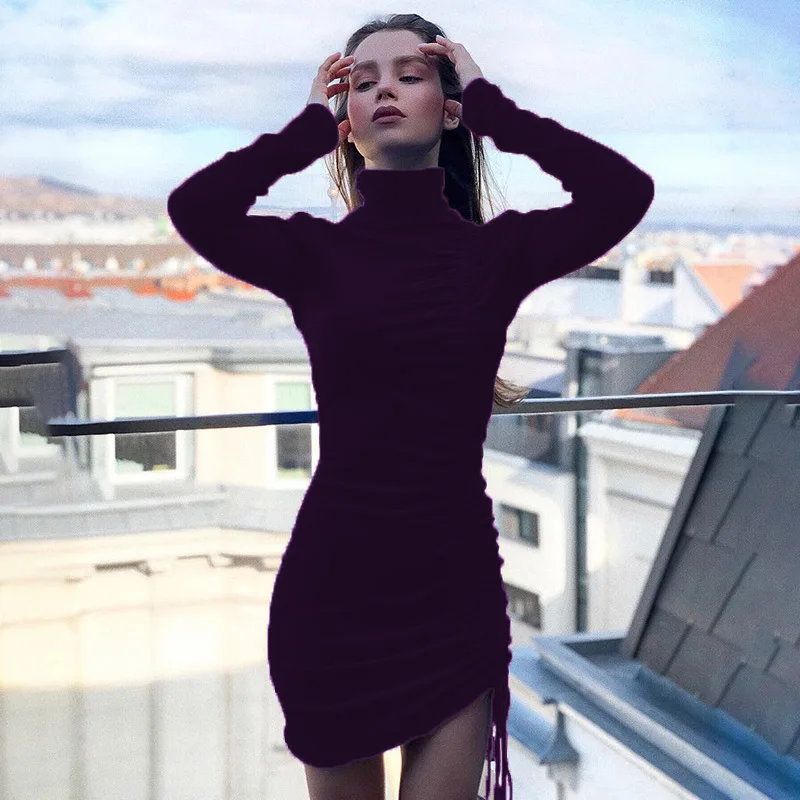 Turtleneck Velvet Long Sleeve Dress for Women Autumn Winter Elegant Fashion Drawstring Ruched Dresses 3XL Plus Size Streetwear Turtleneck Velvet Long Sleeve Dress for Women Autumn Winter Elegant Fashion Drawstring Ruched Dresses 3XL Plus Size Streetwear