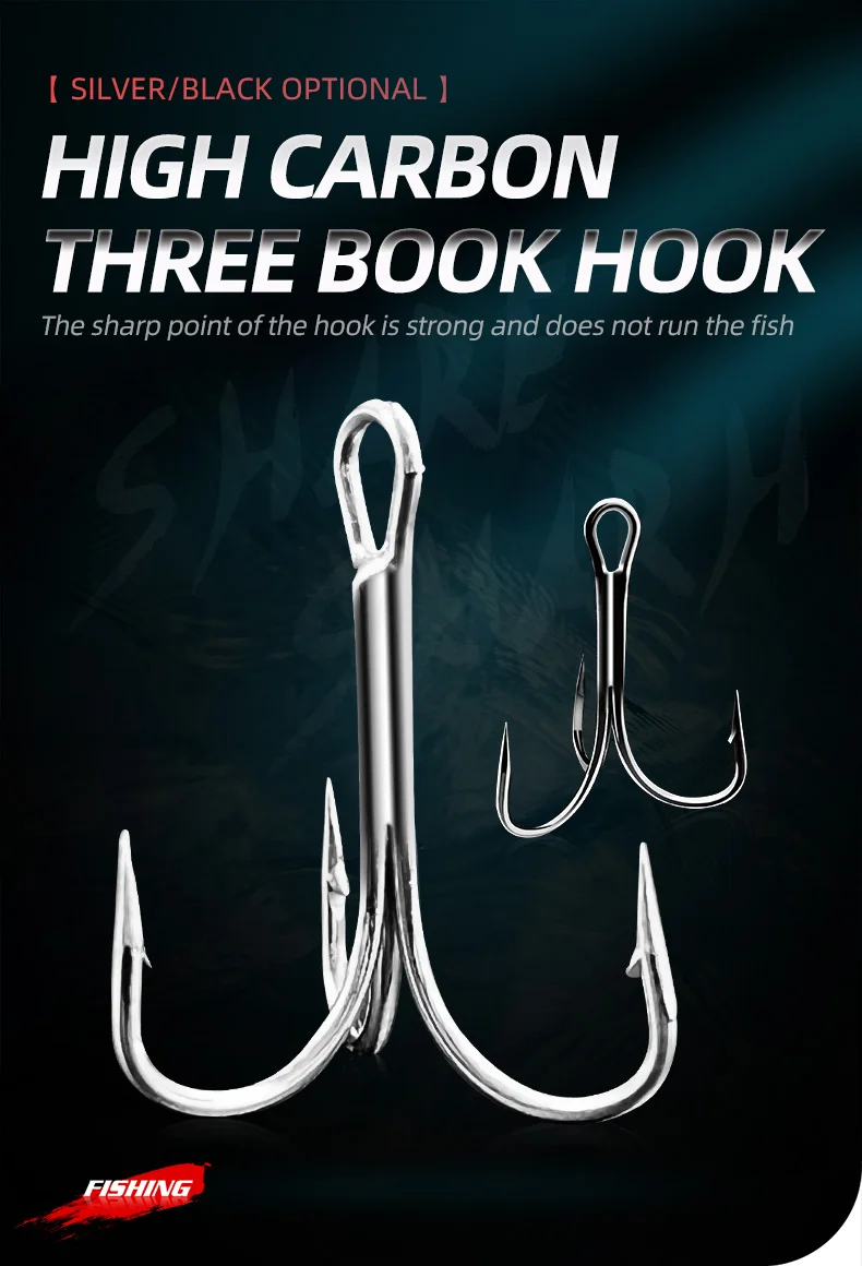 10 Sizes High Carbon Steel Treble Fishing Hook Strong Ringed Big Game