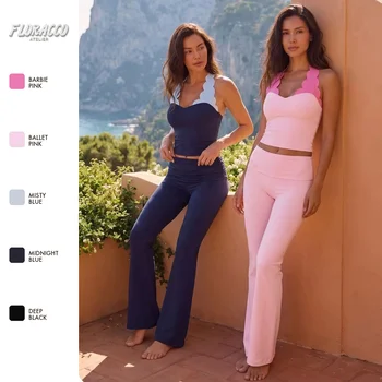 New Breathable Color-Block Lace Yoga Outfit Womens Sheer Pilates Training 2-Piece Halter-Neck Fitness Yoga Top