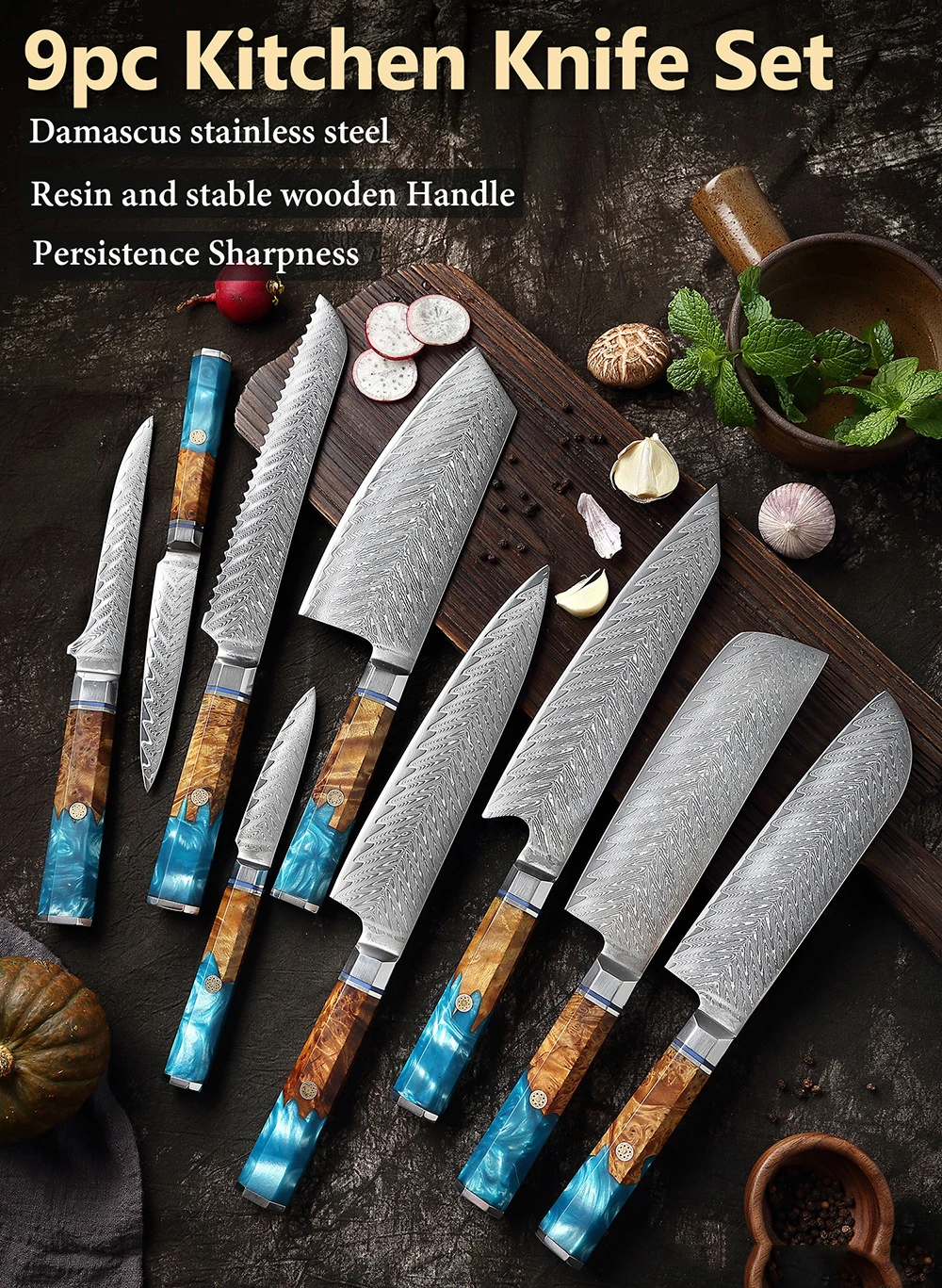 9 Pcs Handcrafted Japanese Cooking Knives Luxury Kitchen Damascus Chefs