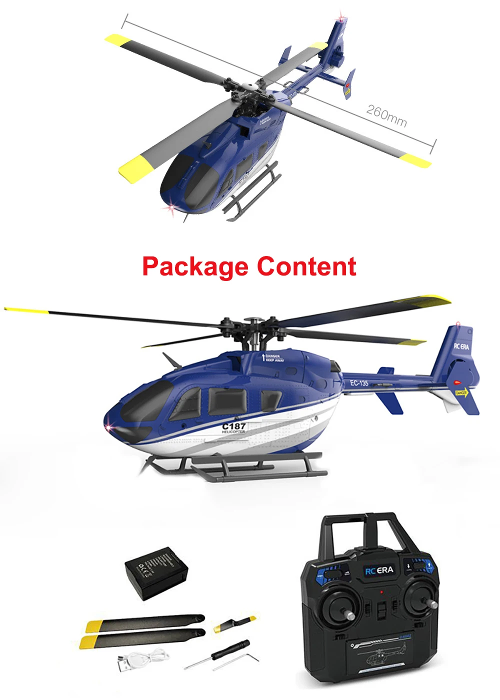 Hoshi RC ERA C187 Helicopter 2.4G 4CH Single Blade EC-135 Scale 6-Axis Gyro Electric Flybarless RC Remote Control Helicopter RTF