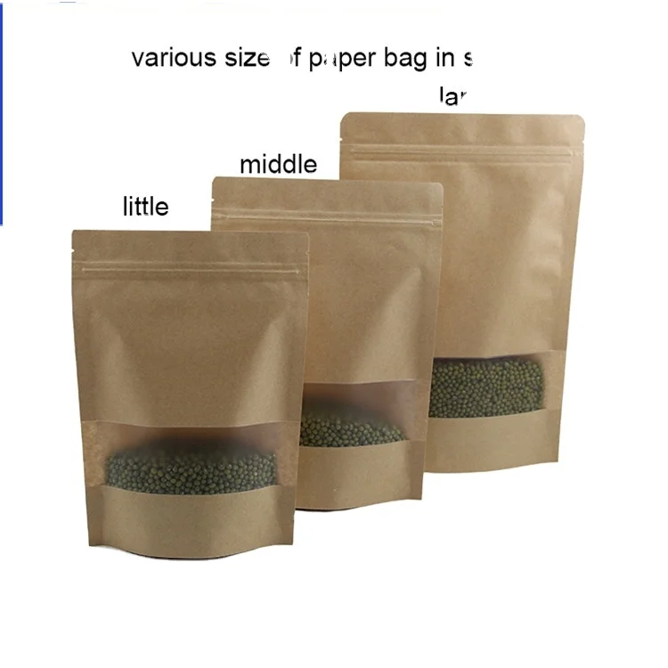 Resealable Custom Printed Packaging Coffee Tea Doypack Zipper Stand up Pouch Brown Kraft Paper Bags With Clear Window