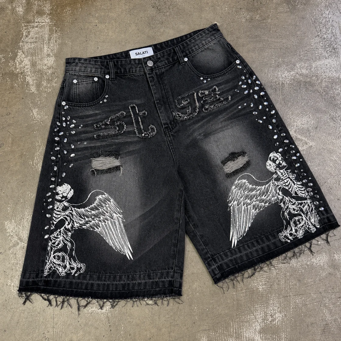 Custom Manufacturer Black Acid Washed Distressed Ripped Raw-Hem High-Waisted Knitted Embroidered Print Canvas Streetwear Men's gallery 2
