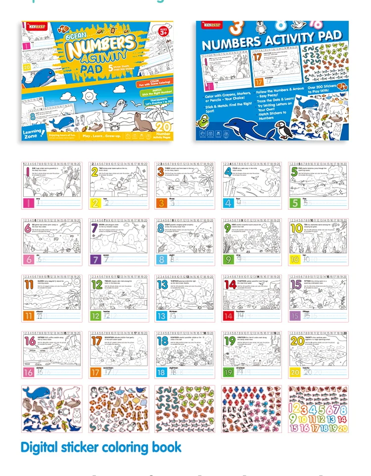 product keybaby custom 2025 new preschool ocean animal alphabet number tracing book coloring writing book activity sticker pad for kids-3