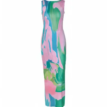 Women Summer Maxi Dress Sleeveless Long Dress with Monet Garden Print