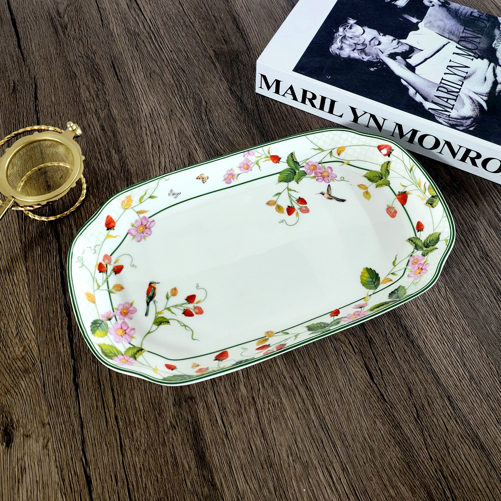 Garden-Style Oval Ceramic Serving Tray with Strawberry, Bird & Floral Pattern for Snacks, Appetizers & Brunch Displays