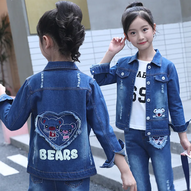 2021 Teenage Clothes Set Girl Jacket Pants 2pcs Denim Suit Children Spring  Autumn Embroidery Clothing Sets Baby Girls Outfits