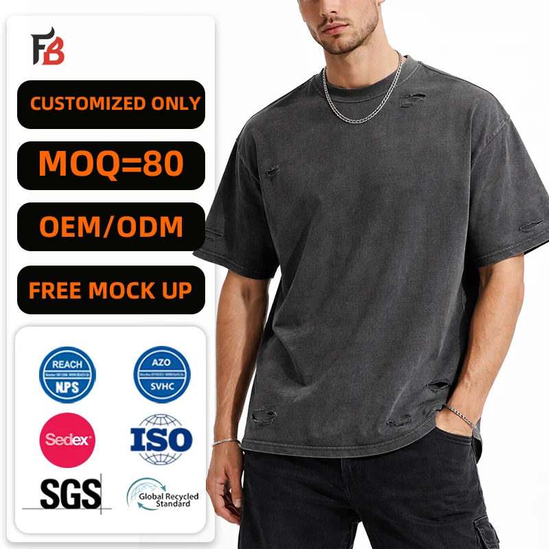 Cotton Men's t Shirt Heavyweight Acid Washed Tshirt Oversized Vintage Distressed Custom logo Desgin Boxy Blank T-shirt for Men