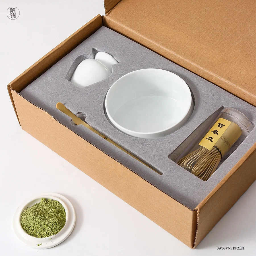 New Japanese Gift Box Matcha Set Whisk and Bowls Custom logo Matte Black White Ceramic Matcha Bowl with Spout