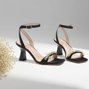 Women's GENUINE LEATHER High - Heeled Sandals, Rhinestone Embellished, Ankle - Strap Square Toe Party Shoes