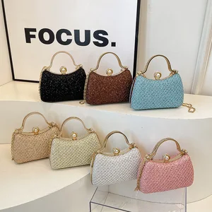 Beaded Handle New Evening Handbag for Women Luxury Design Fashion Mini Top Handle Clutch Shoulder Bags with Chain Strap
