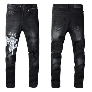 Amiriy Badge Patches Black Men'S Slim Fit Jeans High Street Embroidery Baggy Ripped Skinny Jeans for Men