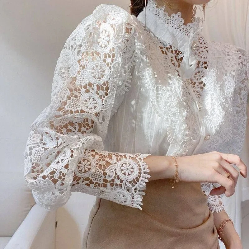 Women Chiffon Button Turtleneck Shirt Chic Elegant Floral Lace