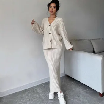 2025 European and American Women's Autumn and Winter V-neck Ribbed Knit Button Long Sleeve Trouser Set