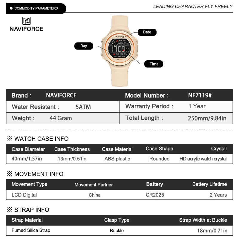 NAVIFORCE 7119 Watch for Woman Casual Waterproof Day and Date Display Silicone Strap Wristwatch LCD Digital Electronic Watches