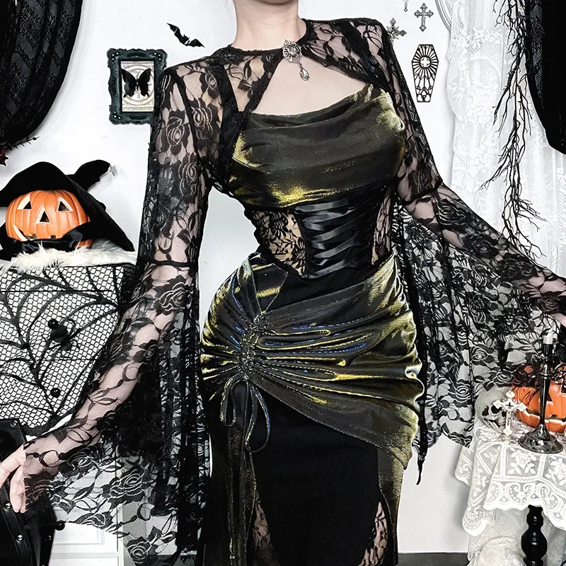 Halloween Gothic Grunge Punk Women Dress Long Sleeve Lace Slim Black Dresses 2025 New Y2K Harajuku Lolita Fairy Core Party Dress Halloween Gothic Grunge Punk Women Dress Long Sleeve Lace Slim Black Dresses 2025 New Y2K Harajuku Lolita Fairy Core Party Dress